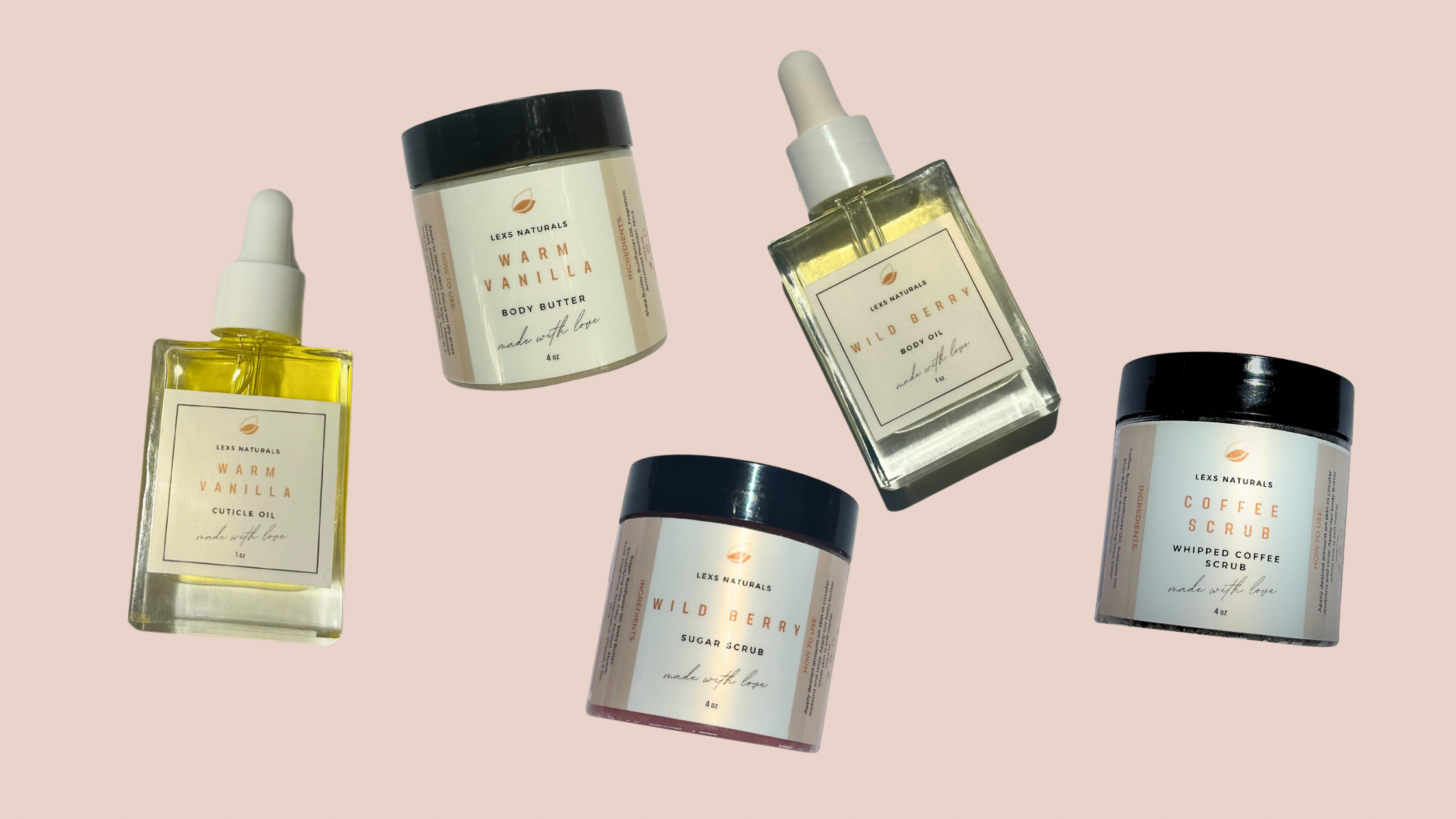 Picture on pink background showing lexs naturals skincare products